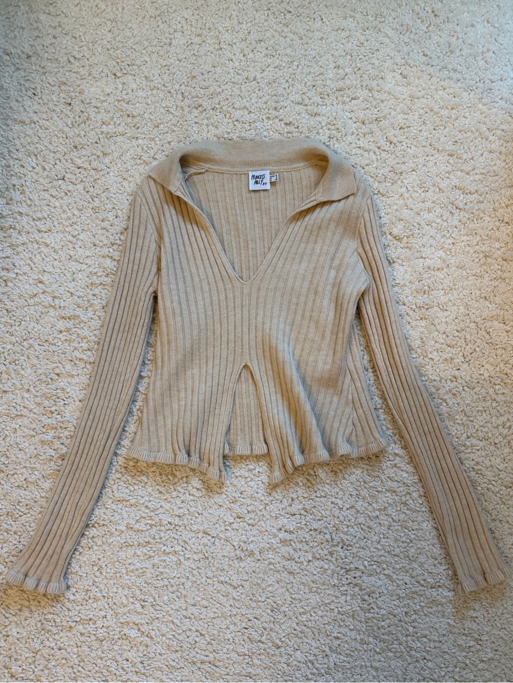 Beige Ribbed V-Neck Long Sleeve Top